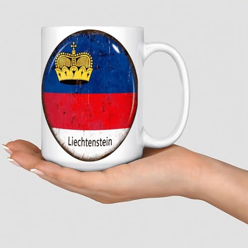 Mug Liechtenstein blanc avec drapeau de la ville - Souvenir international - Tasse humoristique en céramique blanche brillante - Cadeau de fête des mères, anniversaire de mariage pour petite amie,