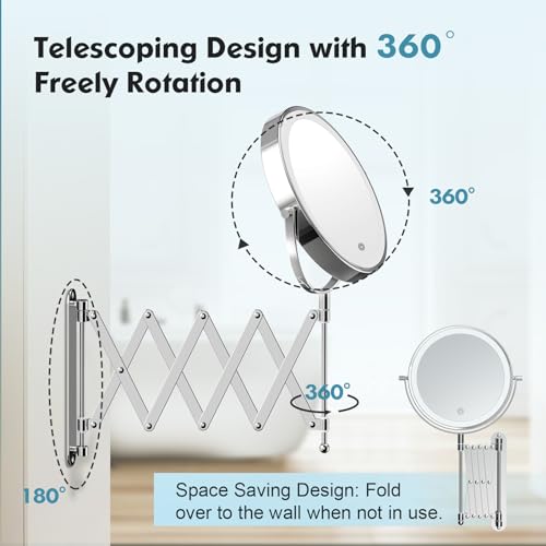 5000mAh Rechargeable Wall Mounted Makeup Mirror - 8 Inch Double Sided 1X/30X Magnifying Mirror with 3 Color Lights Dimmable Touch Screen, 360°Swivel 19.6 Inch Extendable Accordion Bathroom Mirror by FASCINATE - Image 6