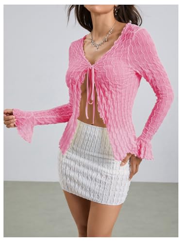 Image of Milumia Women's Y2K Textured Mesh Cardigan Shrug Tie Front Tops | Lettuce Trim , Long Sleeve, Open Front, Sheer, Flared, Club Party, Going Out, Rave, Cover Ups