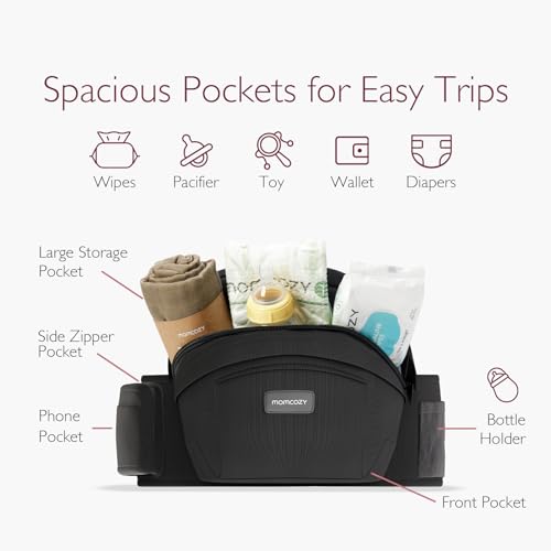 Momcozy Hüftsitz-Babytrage - Originaler 3D-Bauchschutz & EVA-Massageplatte, mit verschiedenen Taschen für Neugeborene und Kleinkinder bis 20 kg (Schwarz, Mittelgroß)