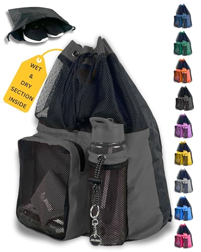 JIMJOOS Drawstring Mesh Swimming Bag - 25L Waterproof Swim Bag with Wet/Dry Compartment, Multifunctional Sports Backpack for Kids, Adults, Swimming, Surfing, Beach, Gym (Black)