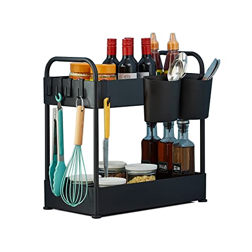 Organizador para debajo del fregadero, organizador de baño de 2 niveles, 2 niveles, almacenamiento de gabinete de baño con 4 ganchos, organizador multiusos para debajo del fregadero para baño y cocina Cover