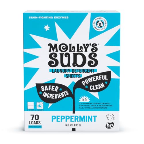 Molly’s Suds Laundry Detergent Sheets | Gentle on Sensitive Skin, Powerful Bio-Based Enzymes, Stain-Fighting | Liquidless & Plastic-Free Packaging | 70 Loads (Peppermint)