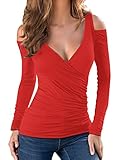 Face N Face Women's Long Sleeve Sexy Bodycon Casual Tops V Neck Tee Shirts Plus Size Red XX-Large