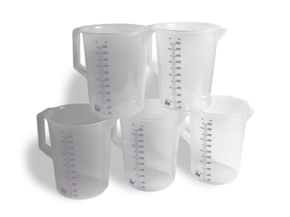 Set di 5 misurini con manico in plastica polipropilene trasparente, 5000 ml, 5 l, 5 litri, per lavoro, tempo libero, officina, resistente agli alimenti, lavabile in lavastoviglie, microonde e