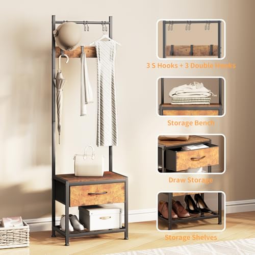 HOMEKOKO Narrow Coat Rack Shoe Bench, Hall Tree for Small Place with Drawer Storage, Shoe Bench with Cubby Storage, Wood Look Accent Furniture with Metal Frame, 3-in-1 Design (Rustic Brown)