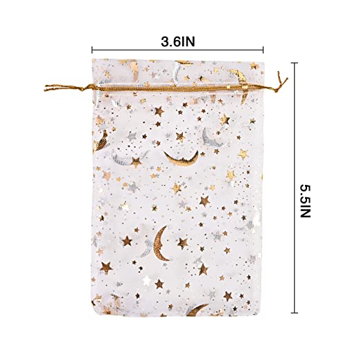 Fushenmu 100Pcs 4X6 Inch White Organza Jewelry Gift Bag,Moon Star Drawstring Candy Bag Pouch For Wedding Baby Shower Party Gift Wrapping Supply #TOP1