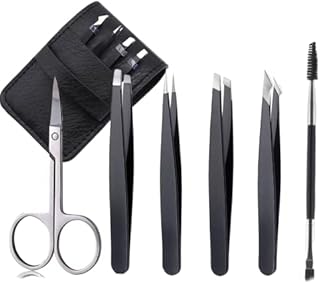 Tweezers Set Tweezers for Eyelashes Stainless Steel Plucking Precision Tweezers Set for Ingrown Hair Remove and Lash Extension, Plucking Tweezers with Leather Case for Gifts (6-Piece)