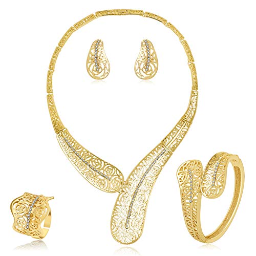 Uobettsly Wedding Gold Plated Jewelry Sets for Women, Hollow Rose Rhinestone Design Necklace Earrings Bracelet Ring Crystal Accessories,Dubai Gold Bridal Jewelry Set (Gold)