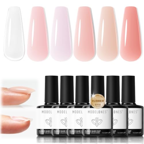 modelones Rubber Base Gel Nail Polish, 6 Color Builder Clear Nude Milky Baby Pink Jelly Brown 6 in One Strengthener Apex Building Extension for Weak Nails Long Last U V French Manicure Gift for Women