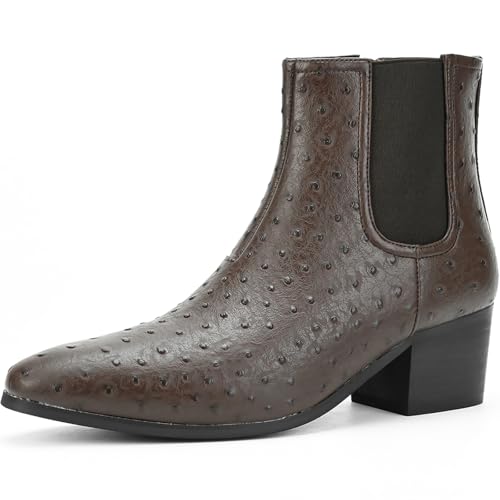 Image of Men'S Classic Leather Chunky Heel Chelsea Boots With Side Zipper Fashion Pointed Toe Elastic Band High Top Block High Heel Formal Chukka Booties For Casual Business Party Wedding
