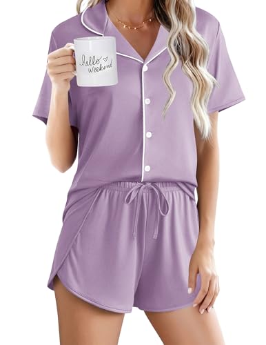 Image of Ekouaer Pajamas for Women Set Button Up Sleepwear 2 Piece Pjs Lounge Set Short Sleeve Nightwear