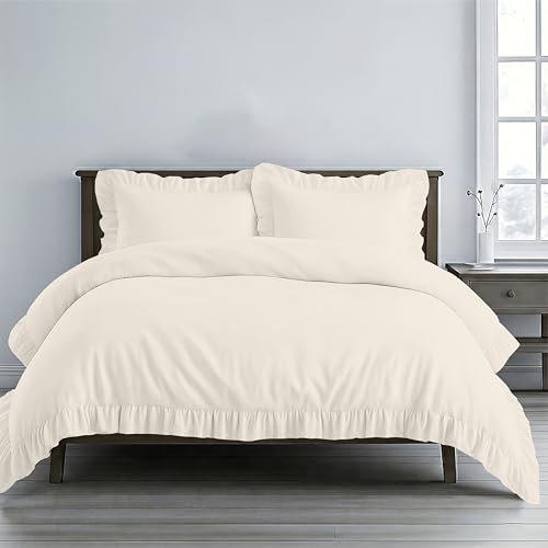 Kotton Culture 3 Pc Butter Ruffle Trim Duvet Cover Set Queen/Full Size -100% Egyptian Cotton 600 TC Frilled, Shabby Chic Bohemian- French Style- Farmhouse Decorative-Cute Comforter Cover- 90