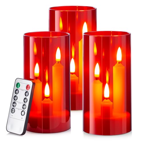 Image of Hausware 3-in-1 Flameless LED Taper Candles with Remote - Battery Operated, Realistic & Portable Candles Set,3-Pack,Durable Indoor /Outdoor Decor (Red)