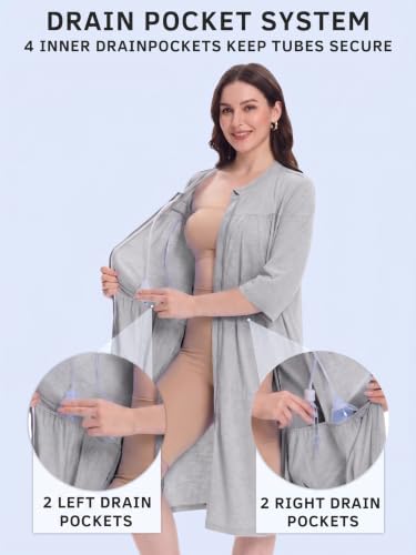 Image of Women's Post Surgery Robe with Drain Pockets Mastectomy Recovery Robe Front Zipper Hospital Gown Pajamas Gift