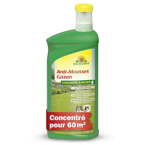 Neudorff Anti-Mousses Gazon Concentré – Détruit la mousse dans le gazon avec des effets rapides et visibles en quelques heures, 1 litre