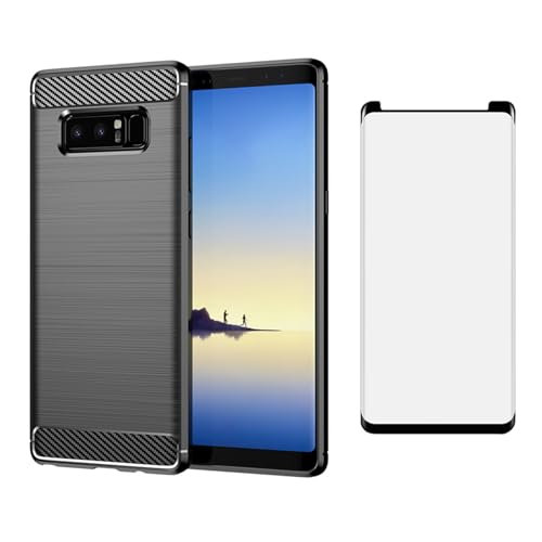 Asuwish Compatible with Samsung Galaxy Note 8 Phone Case with Tempered Glass Screen Protector Cover Grip Slim Silicone Shockproof Cell Accessories Carbon Fiber Note8 Not S8 Gaxaly for Women Men Black