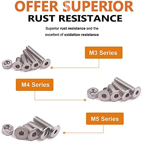 Comdox 500pcs Socket Cap Screws Hex Head Bolt Nuts Assortment Kit Set, Stainless Steel, M3 M4 M5 Thread Size, Full Thread, Countersunk Head, Allen Hex Drive