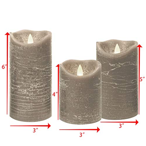 Image of Battery Operated Flameless Candles with Remote Timer Real Wax Realistic Bright Flicker Flickering Electric Electronic LED Pillar Lights Home Wedding Party Decorations Set of 3 Rustic Texture Gray Grey