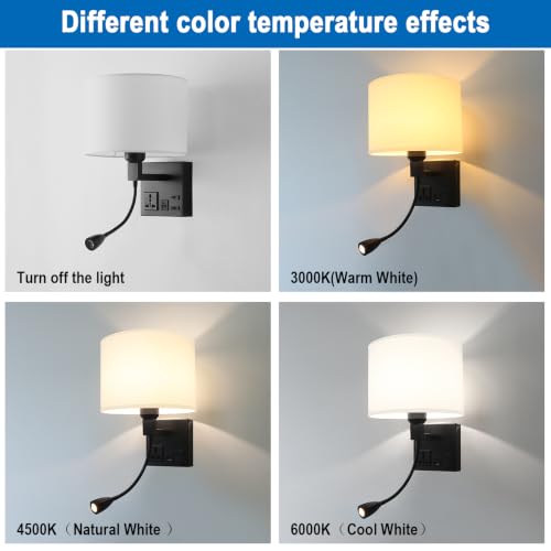 Image of Plug in Wall Sconces with Reading Light, Wall Lamp Bulb Included | Wall Lights for Bedroom Living Room, Headboard with 3 Color Temperature, Bedside Lamp with AC Outlet & USBA+C Charging Port