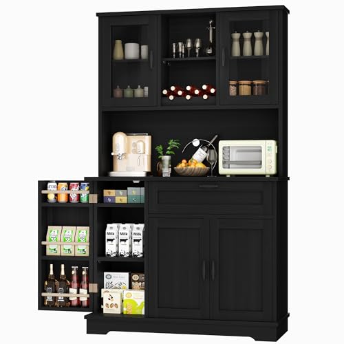 Image of Shintenchi Kitchen Pantry Storage Cabinet, Freestanding Buffet Cabinet with Microwave Stand & 3 Door Shelves, Kitchen Hutch with Doors, Adjustable Shelves and Wine Rack, Black
