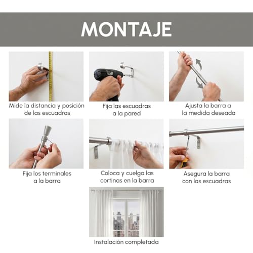 Miniatura 6 de Lolahome Set De Barra De Cortina Extensible De 122 A 211 Cm, 2 Escuadras Y 2 Terminales Plateado De Metal Y Plástico Abs