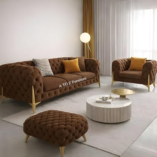 Image of A to Z Furniture Modern Classic Fabric & Valvet Tufted Chesterfield Sofa Living Room and Office (3+1= 4 Seater Sofa Set with Footrest Brown)