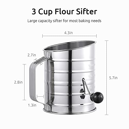 Image of U-Taste Stainless Steel 3 Cup Flour Sifter with 4 Wire Agitators for Quick Sifting, 1 Cushion Ring, Crank Plastic Handle, Stamped Measurement, 20 Fine Mesh for Baking Flour, Powered Sugar