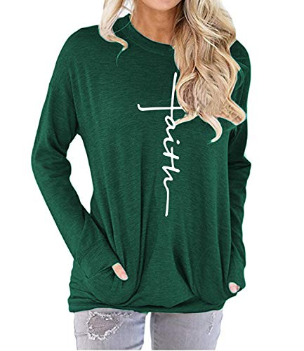 MANSY Womens Summer Casual Faith Tshirts Letter Printed Short sleeve and Long sleeve Graphic Tees Tops Sweatshirt Pockets