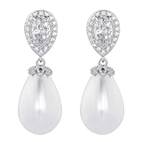 HAISWET Bride Simulated Pearl Dangle Drop Earrings Oval Shape Cubic Zirconia Silver Tone