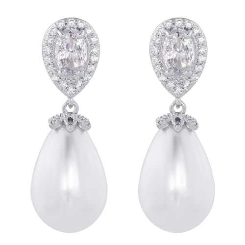 HAISWET Bride Simulated Pearl Dangle Drop Earrings Oval Shape Cubic Zirconia Silver Tone