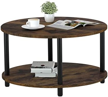 Vanrohe Round Coffee Table for Living Room, 31.5’’ 2-Tier Rustic Brown Center Table with Open Storage Shelf for Office/Home/Reception Room, Metal Legs, Easy to Assemble