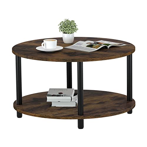 Vanrohe Round Coffee Table For Living Room, 31.5’’ 2-Tier Rustic Brown Center Table With Open Storage Shelf For Office/Home/Reception Room, Metal Legs, Easy To Assemble #TOP17