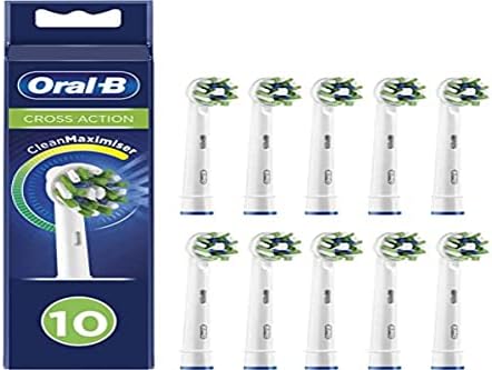 Oral-B Cross Action Electric Toothbrush Head with CleanMaximiser Technology, Angled Bristles for Deeper Plaque Removal, Pack of 10, Suitable for Mailbox, White
