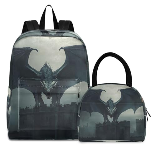 Backpack Lunch Bag Set Big Dragon Print, Big Storage Travel Backpacks with Insulated Lunch Box for Office Hiking Picnic