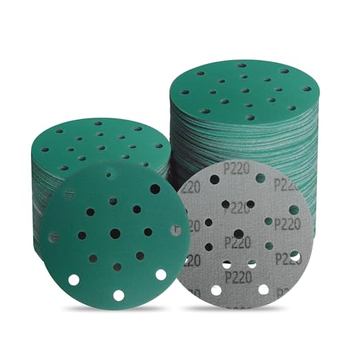 Image of 6 Inch 17 Hole 220 Grit Zirconia Alumina Hook & Loop Sanding Discs, Heavy-Duty Polyester Film Backing, Wet /Dry Anti-Clog for Random Orbital Sanders - Wood, Automotive, Metal - 50 Pack