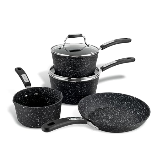 Scoville NEVERSTICK 4+1 Piece Cookware Set, Non Stick Pots & Pans Set, 16cm Milk Pan, 18 & 20cm Saucepans, 24cm Frying Pan, Free 20cm Frying Pan, Suitable for All Hobs, Aluminium, PFOA Free, Black