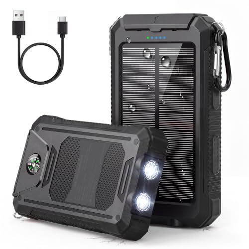 WONGKUO 36800mAh Solar Power Bank, QC3.0 Phone Charger, LED, IP65, Black