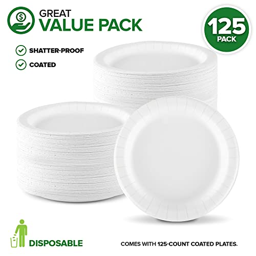 8.5 Inch Coated Paper Plates, Heavy Duty, Disposable Large Deep Dish Plate Bulk For Dinner, Lunch, Summer Bbqs, Dessert, Pantry Stock, Medium Weight, Microwave Safe, Strong (125 Pack) #TOP1