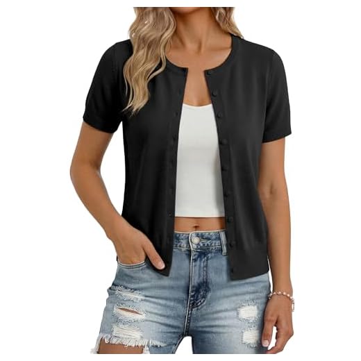Women's Button Down Short Sleeve Cardigan Knit Soft Sweater(M,Black)