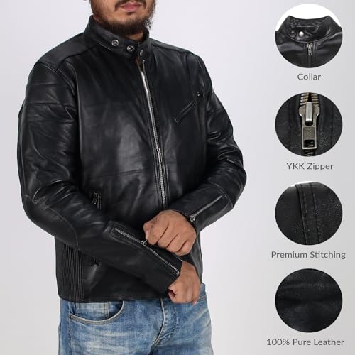 Laverapelle Men's Genuine Lambskin Leather Jacket (Black, Biker Jacket) - 15010083