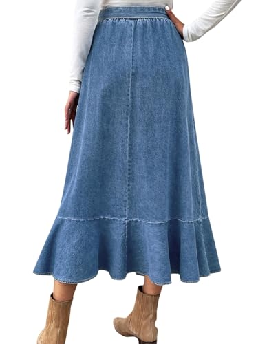 utcoco Womens Denim Skirt Flowy Ruffle Hem Elastic High Waist Maxi Jean Skirts with Belt