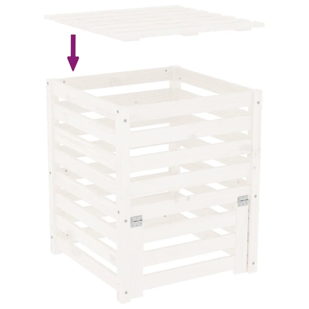 Kompostownik z litego drewna sosnowego w kolorze białym, 63,5 x 63,5 x 77,5 cm, pojemnik na kompost z pokrywką i klapką, listwy do wentylacji, do recyklingu odpadów ogrodowych na zewnątrz