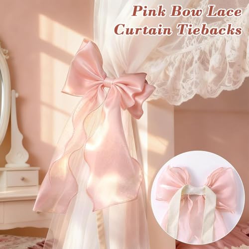 Image of HASTHIP Pink Bow Lace Curtain Tiebacks 2PCS Sheer Lace Curtain Holdbacks with Ruffle Edges, Decorative Bow Curtain Ties Backs for Bedroom, Living Room & Nursery Drapes