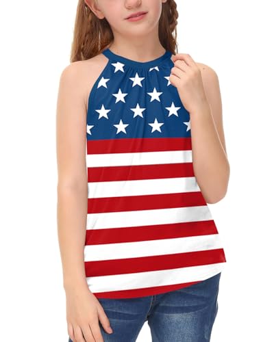 Image of BesserBay Girls Summer Back Button Halter Neck Tank Top Cold Shoulder Casual Blouse Pleated Sleeveless Shirts 5-14 Years