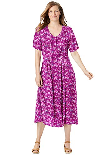 Woman Within Women s Plus Size Short-Sleeve Button-Front Dress - 20 W, Raspberry Spring Blossom Multicolored