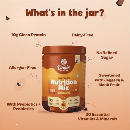 Image of Origin Kids Nutrition Mix | Ages 7-12 | 10g Plant Protein | Eye Health, Immunity & Height Growth | Chocolate Fudge, 316g | Zero Refined Sugar | Plant-Based