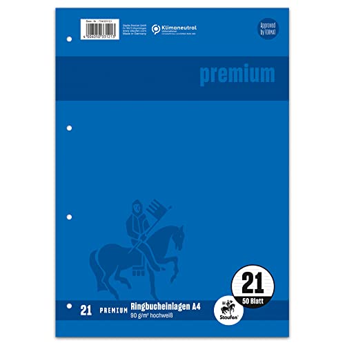 Staufen Premium Ringbucheinlagen - DIN A4, Lineatur 21 (9mm liniert), 50 Blatt, 4-fach Lochung, 90g/m² Premium Papier, 1 Stück