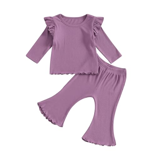 Toddler Baby Girl Bow Print Bell Bottom Outfit Ribbed Knit Clothes Ruffle Sleeve Tops Flare Pants Valentines Day Set (C-Purple, 3-4T)
