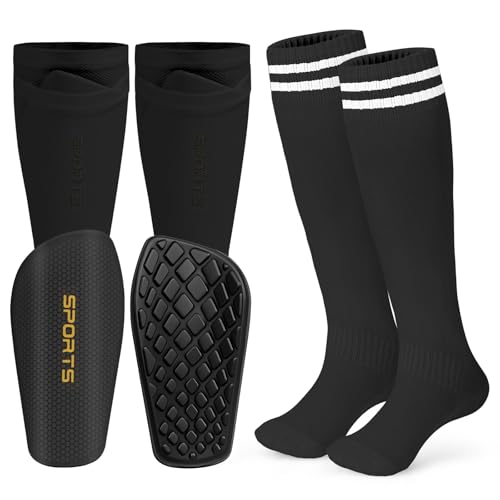 DiULi Espinilleras Futbol Niño, 9 x 18,5cm Espinilleras Pequeñas, Sujeta espinilleras de Fútbol, Medias y Calcetines con Bolsillo para Caneleiras Futbol Criança, Protección Total (Negro 3pcs M)